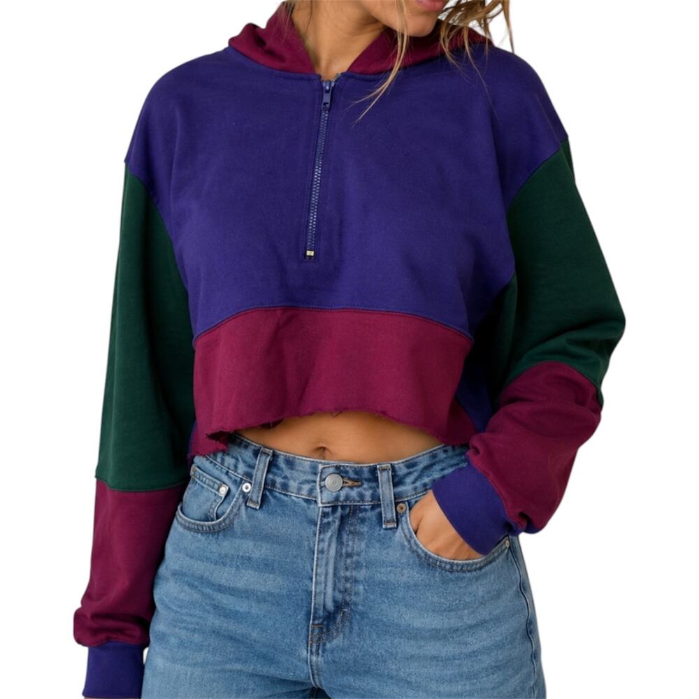 VTG 9001 Retro Cropped Hoodie 1/2 Zip Colorblock Pullover 100% Cotton Multi M